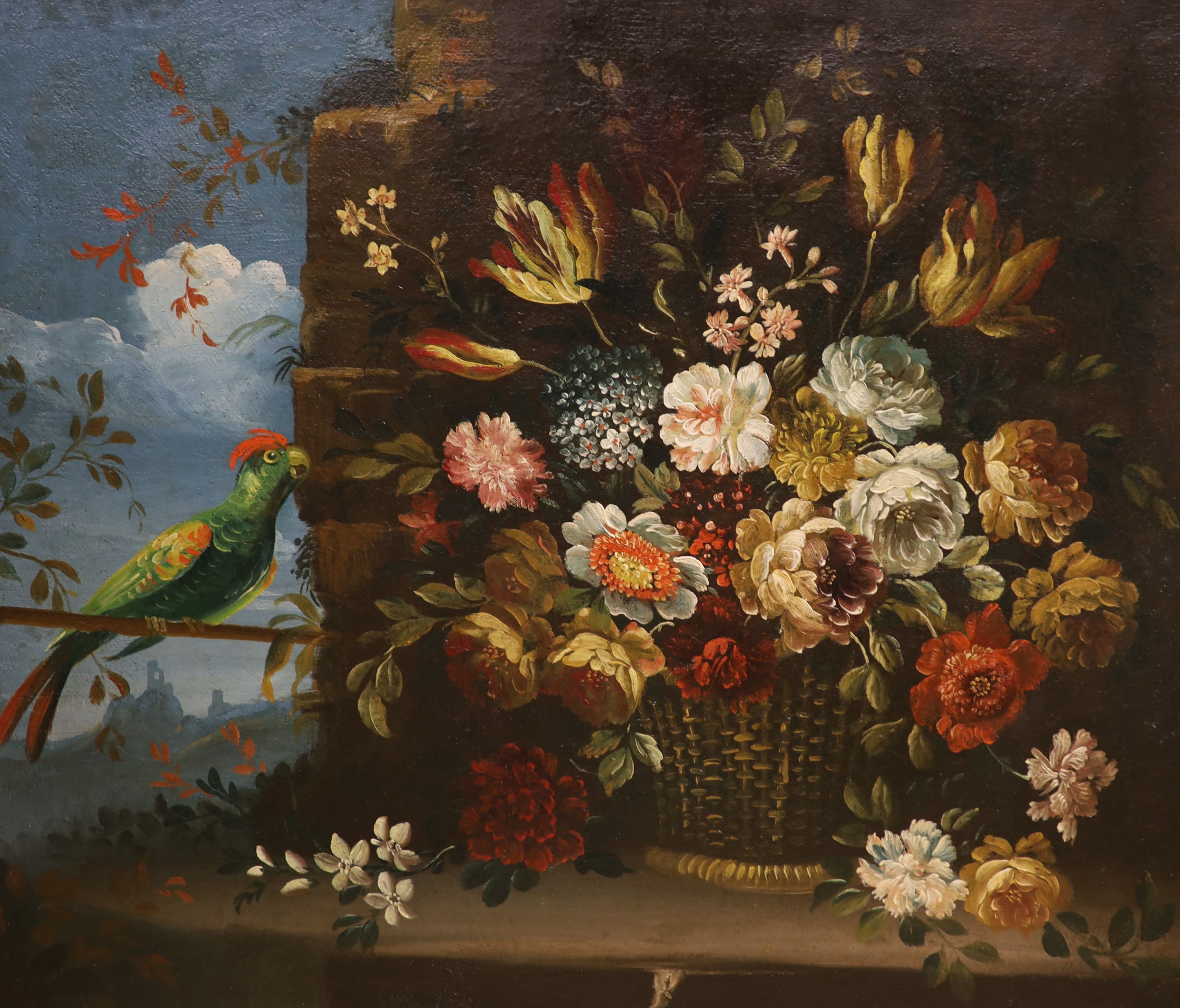 Continental School, pair of oils on canvas, Still lifes of flowers in baskets with birds perched alongside, 70 x 83cm